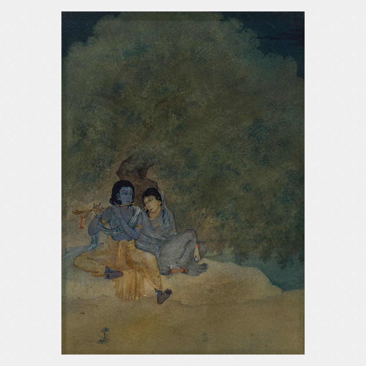 Radha and Krishna shelter under a tree